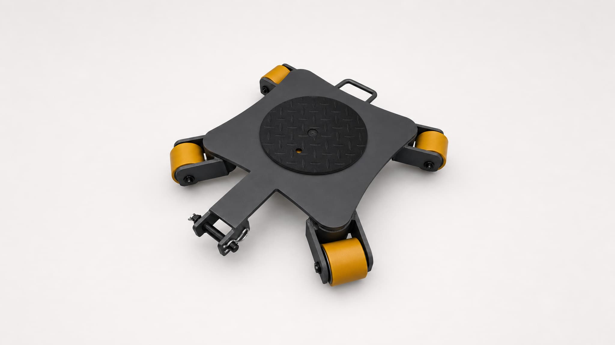 Universal machinery skate with yellow rollers and black steel body
