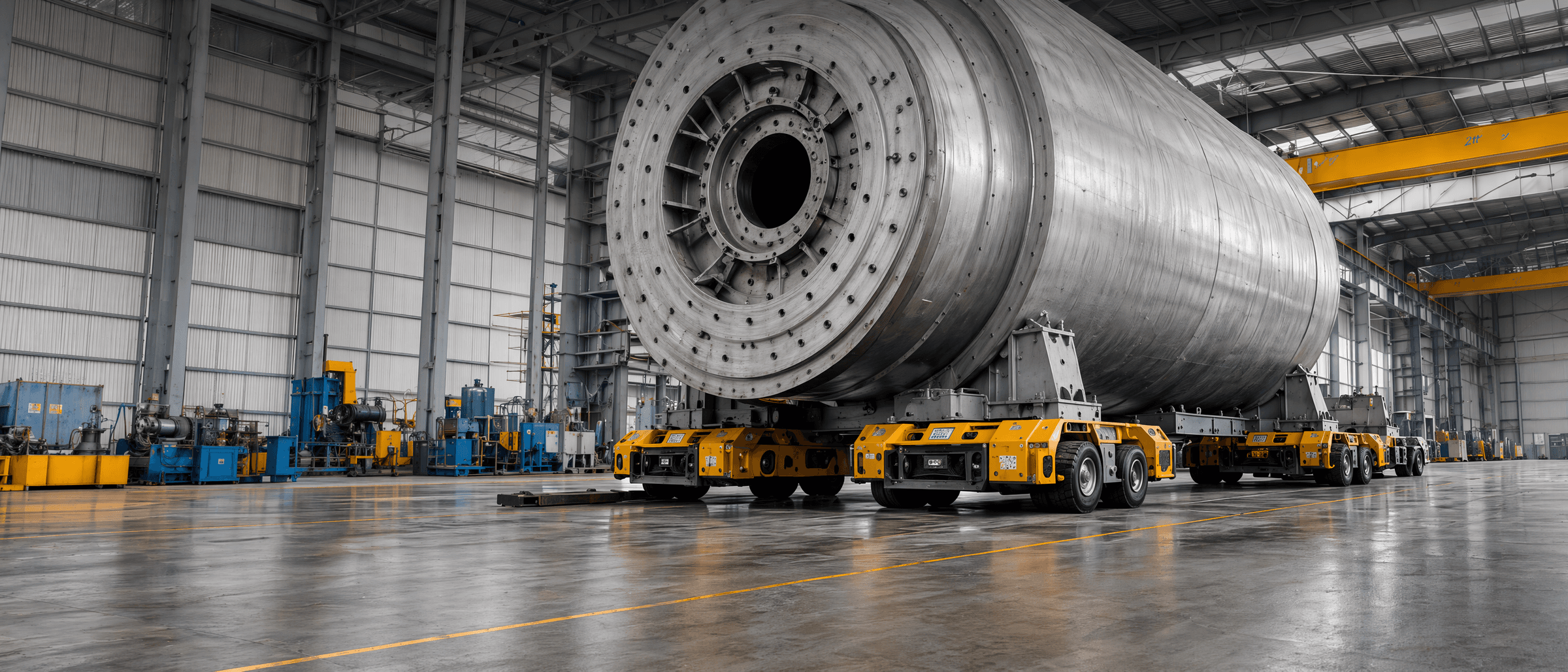 Heavy industrial machinery being moved inside a factory