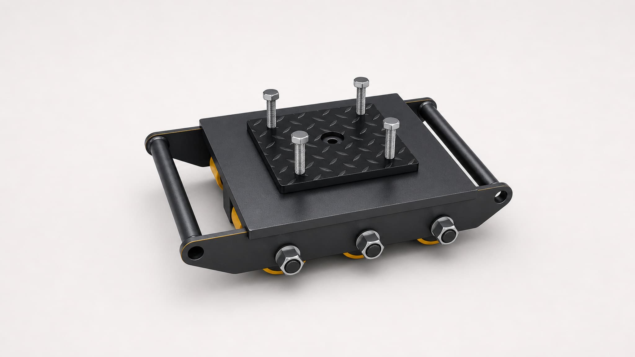 Heavy load machinery skate with black steel body and yellow rollers
